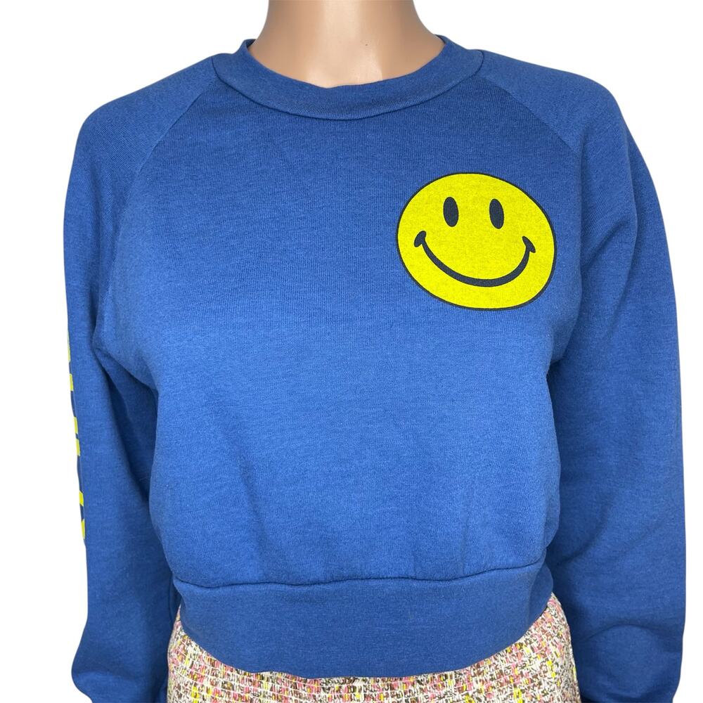 Aviator Nation x SoulCycle cropped crew sweatshirt Medium Blue smiley graphic - Picture 4 of 14